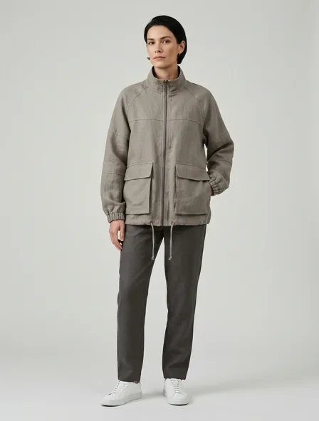 Windbreaker in heavyweight linen, on a model in a studio