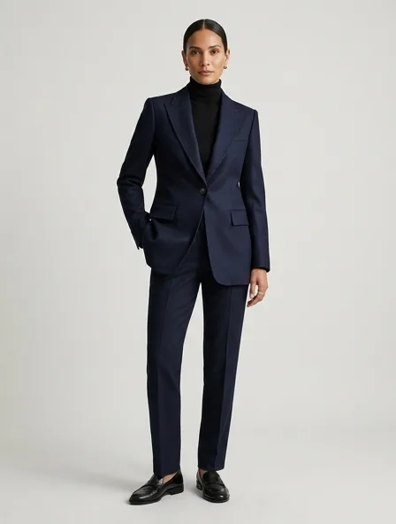 Luxury blazer on a model: refined, minimal, premium materials, impeccable tailoring