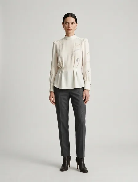 Luxury blouse on a model: refined, minimal, premium materials, impeccable tailoring
