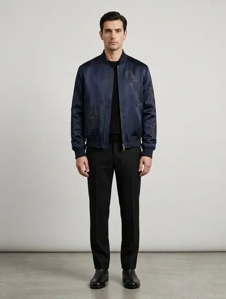 Luxury bomber jacket on a model: refined, minimal, premium materials, impeccable tailoring