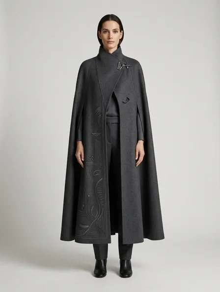 Luxury cape on a model: refined, minimal, premium materials, impeccable tailoring