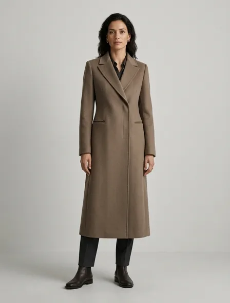 Luxury coat on a model: refined, minimal, premium materials, impeccable tailoring