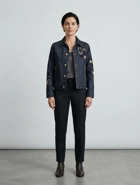 Luxury denim jacket on a model: refined, minimal, premium materials, impeccable tailoring