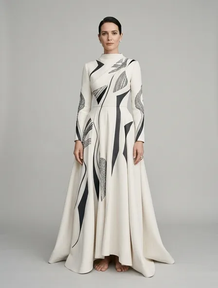 Luxury dress on a model: refined, minimal, premium materials, impeccable tailoring