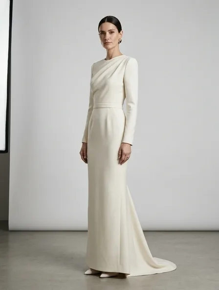Luxury gown on a model: refined, minimal, premium materials, impeccable tailoring