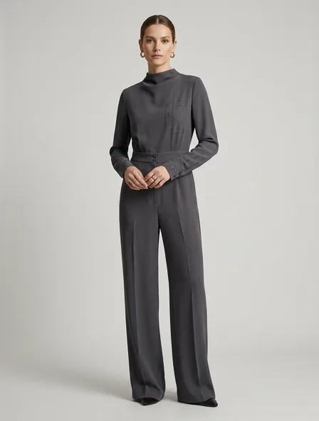 Luxury jumpsuit on a model: refined, minimal, premium materials, impeccable tailoring