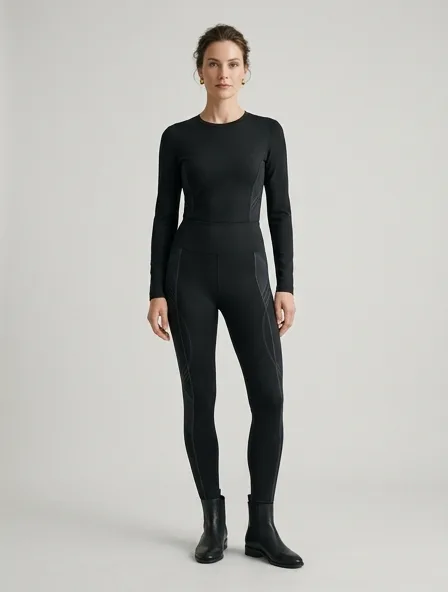 Luxury leggings on a model: refined, minimal, premium materials, impeccable tailoring