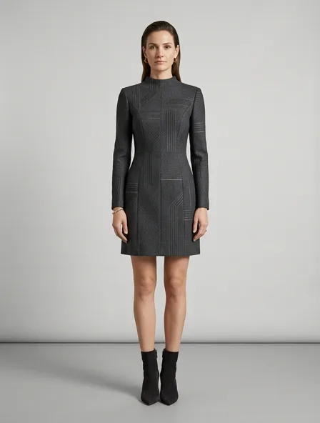 Luxury mini dress on a model: refined, minimal, premium materials, impeccable tailoring