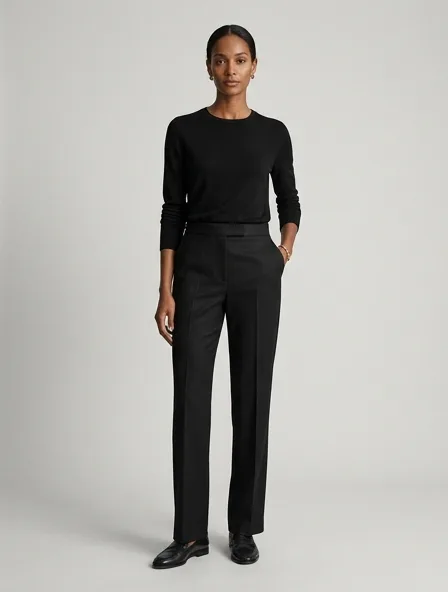 Luxury pants on a model: refined, minimal, premium materials, impeccable tailoring