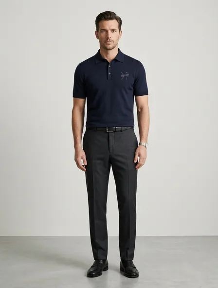 Luxury polo shirt on a model: refined, minimal, premium materials, impeccable tailoring