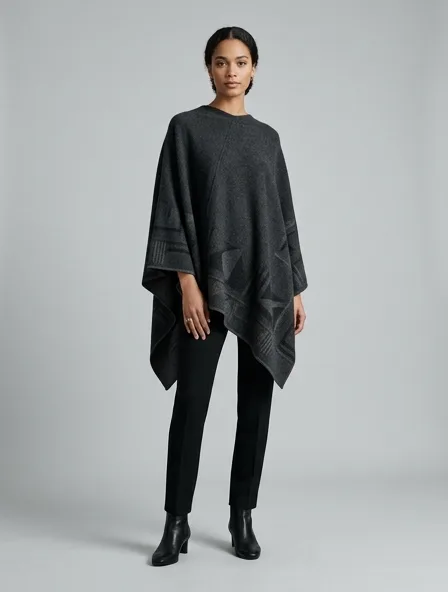 Luxury poncho on a model: refined, minimal, premium materials, impeccable tailoring
