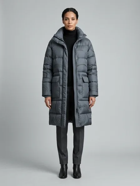Luxury puffer jacket on a model: refined, minimal, premium materials, impeccable tailoring