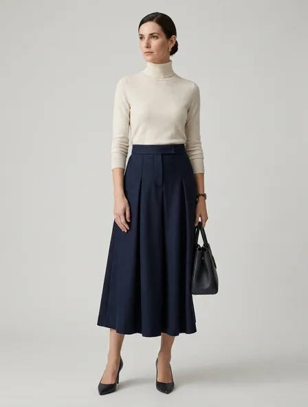 Luxury skirt on a model: refined, minimal, premium materials, impeccable tailoring