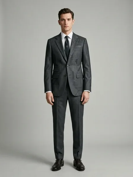 Luxury suit on a model: refined, minimal, premium materials, impeccable tailoring