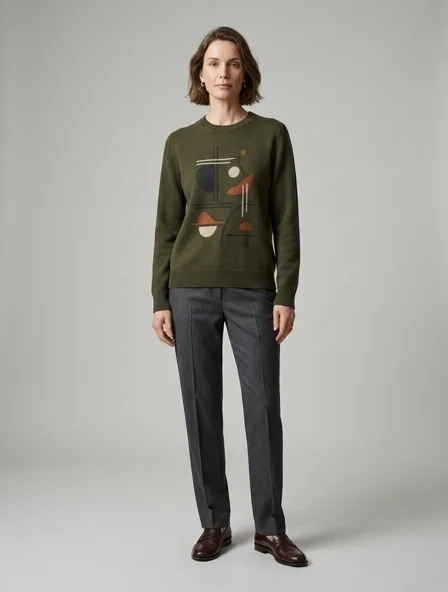 Luxury sweater on a model: refined, minimal, premium materials, impeccable tailoring