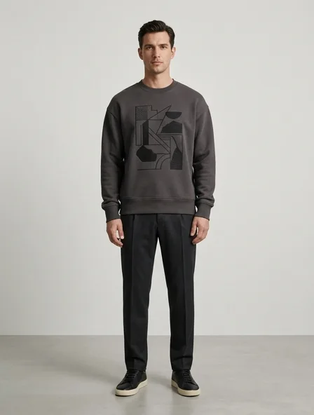Luxury sweatshirt on a model: refined, minimal, premium materials, impeccable tailoring