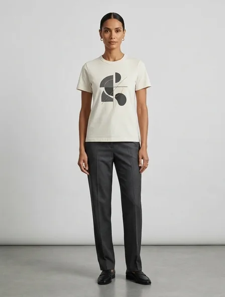 Luxury t-shirt on a model: refined, minimal, premium materials, impeccable tailoring