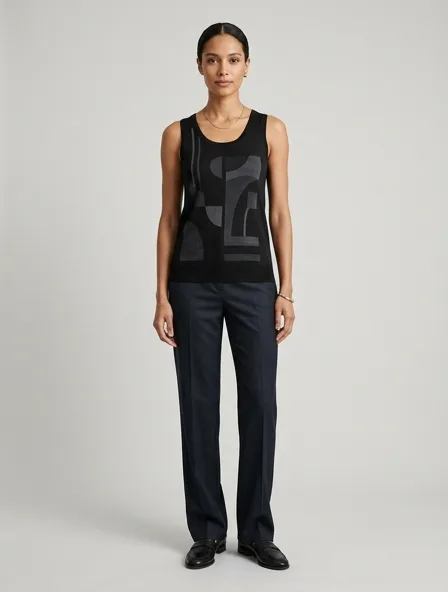 Luxury tank top on a model: refined, minimal, premium materials, impeccable tailoring