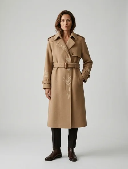 Luxury trench coat on a model: refined, minimal, premium materials, impeccable tailoring