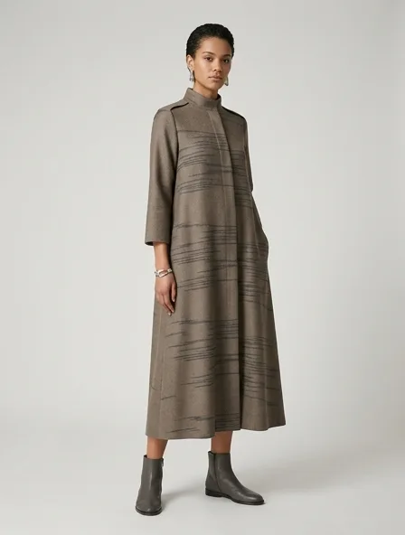 Luxury tunic on a model: refined, minimal, premium materials, impeccable tailoring