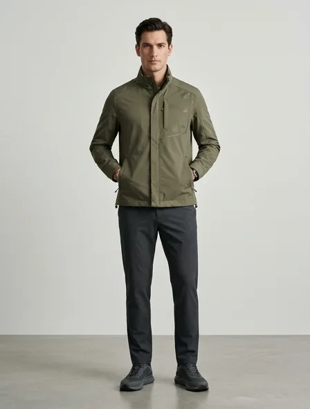 Luxury windbreaker on a model: refined, minimal, premium materials, impeccable tailoring