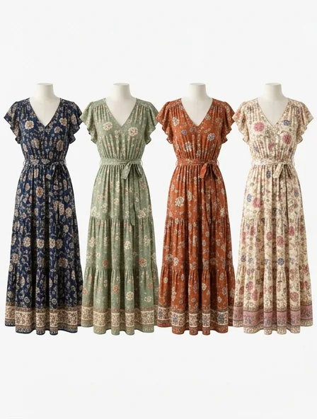 Maxi dress in four colorways, side by side