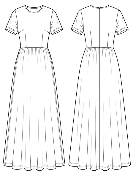 Maxi dress flat technical drawing, front and back