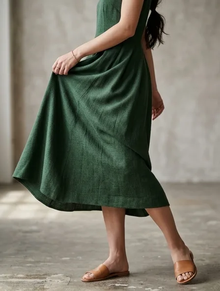 Midi dress fabric close-up showing drape and texture