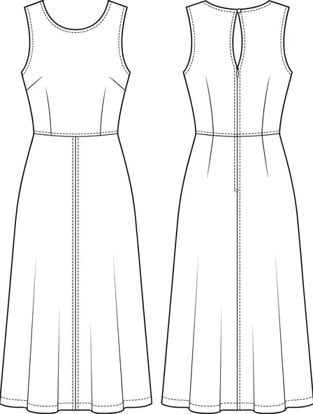 Midi dress flat technical drawing, front and back