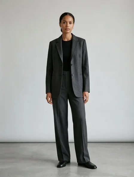 Minimalist blazer on a model: clean lines, neutral colors, simple silhouettes