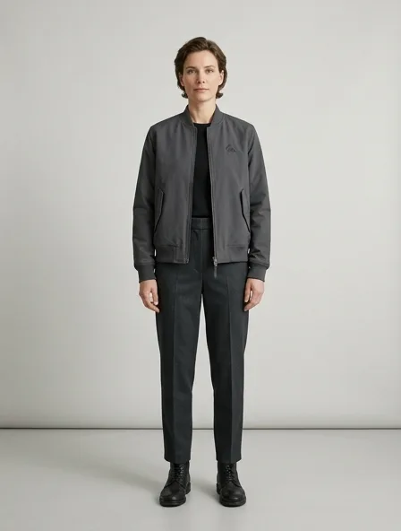 Minimalist bomber jacket on a model: clean lines, neutral colors, simple silhouettes