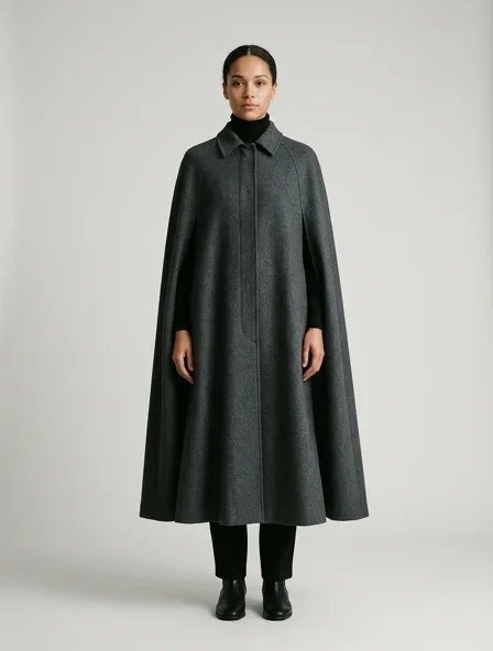Minimalist cape on a model: clean lines, neutral colors, simple silhouettes