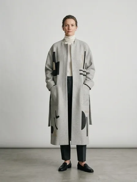 Minimalist coat on a model: clean lines, neutral colors, simple silhouettes
