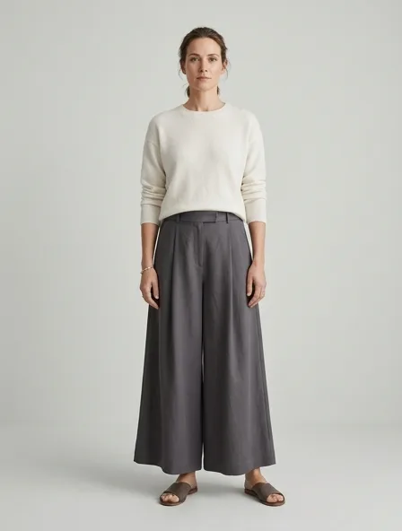 Minimalist culottes on a model: clean lines, neutral colors, simple silhouettes