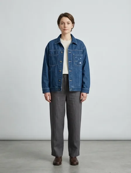 Minimalist denim jacket on a model: clean lines, neutral colors, simple silhouettes