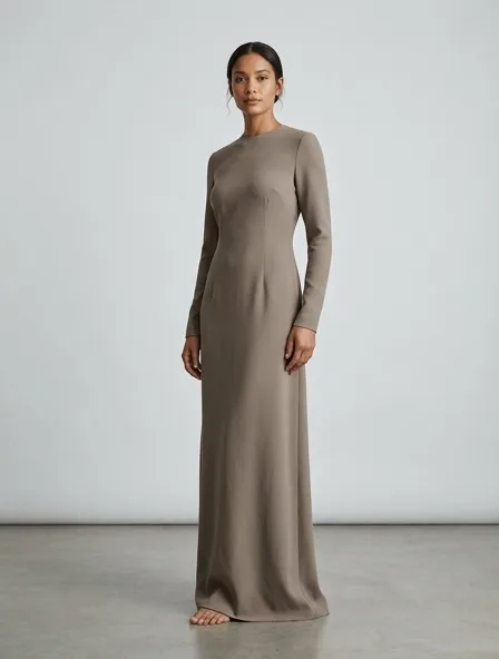 Minimalist gown on a model: clean lines, neutral colors, simple silhouettes