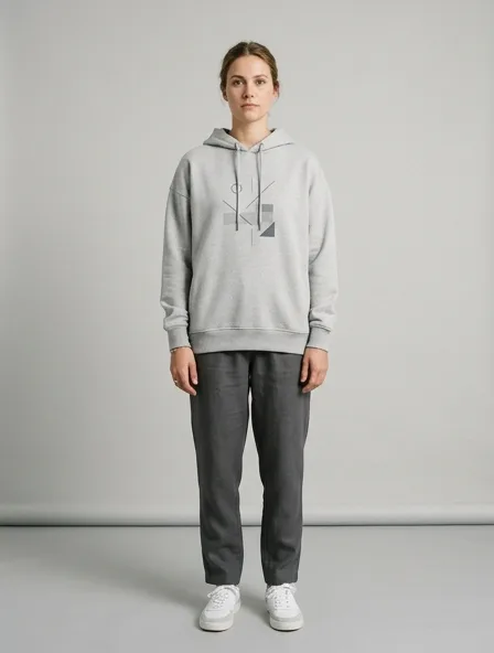Minimalist hoodie on a model: clean lines, neutral colors, simple silhouettes