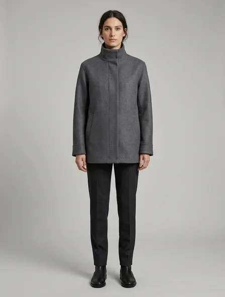 Minimalist jacket on a model: clean lines, neutral colors, simple silhouettes