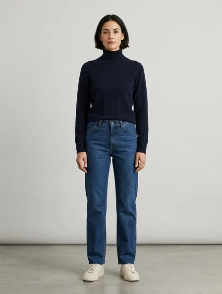 Minimalist jeans on a model: clean lines, neutral colors, simple silhouettes