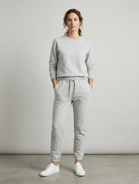 Minimalist joggers on a model: clean lines, neutral colors, simple silhouettes