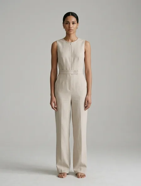 Minimalist jumpsuit on a model: clean lines, neutral colors, simple silhouettes