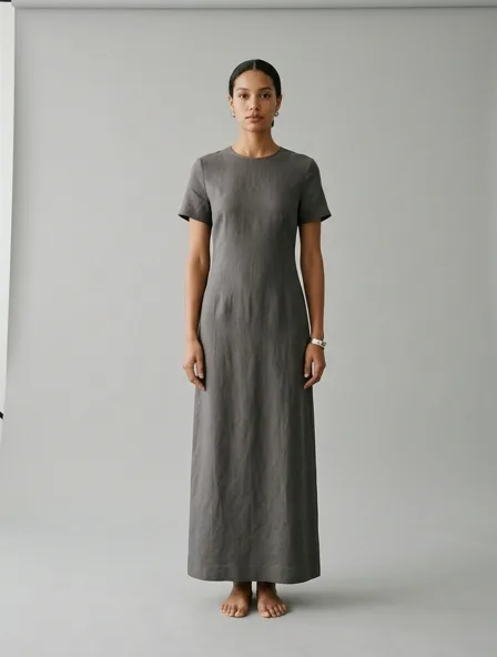 Minimalist maxi dress on a model: clean lines, neutral colors, simple silhouettes