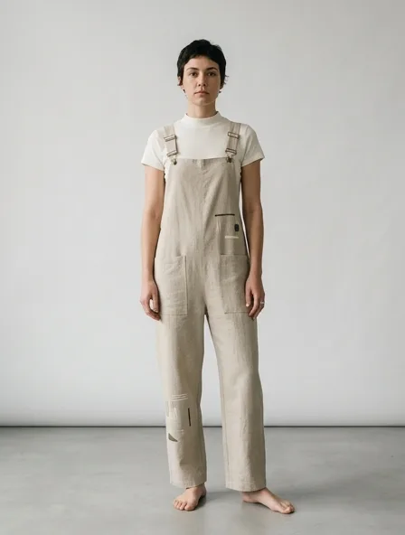 Minimalist overalls on a model: clean lines, neutral colors, simple silhouettes