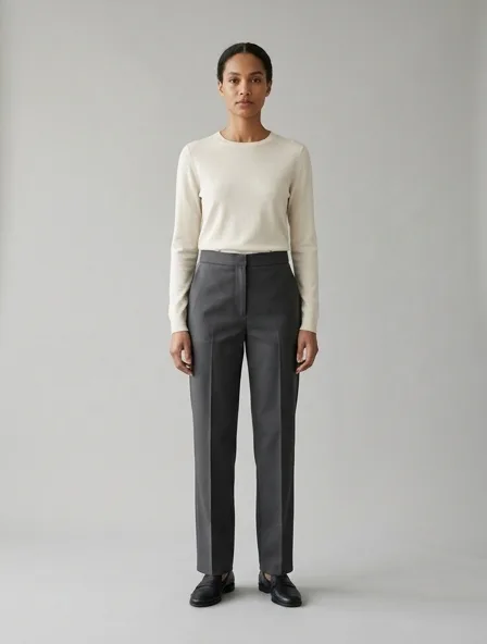 Minimalist pants on a model: clean lines, neutral colors, simple silhouettes