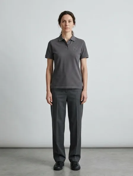 Minimalist polo shirt on a model: clean lines, neutral colors, simple silhouettes