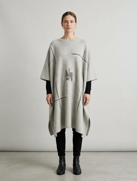 Minimalist poncho on a model: clean lines, neutral colors, simple silhouettes