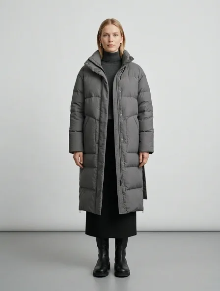 Minimalist puffer jacket on a model: clean lines, neutral colors, simple silhouettes
