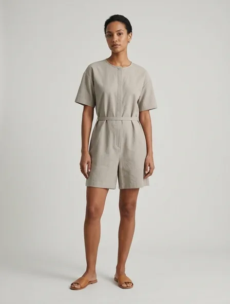 Minimalist romper on a model: clean lines, neutral colors, simple silhouettes