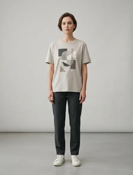 Minimalist shirt on a model: clean lines, neutral colors, simple silhouettes