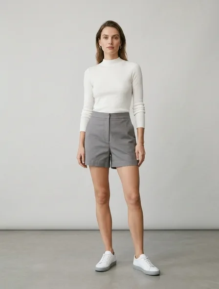 Minimalist shorts on a model: clean lines, neutral colors, simple silhouettes